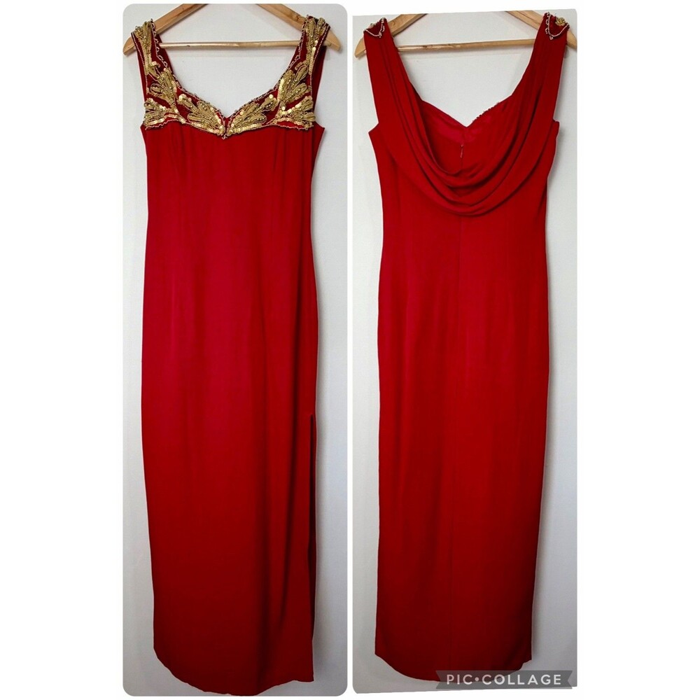 Vintage Dress Formal Gown By Ever Beauty Red Gold Beading Women’s 6